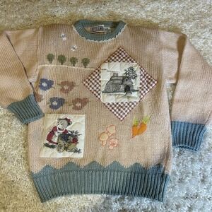 Evian Ltd. Vintage Knitted Floral Sweater Size Small Hand Knitted Easter Spring